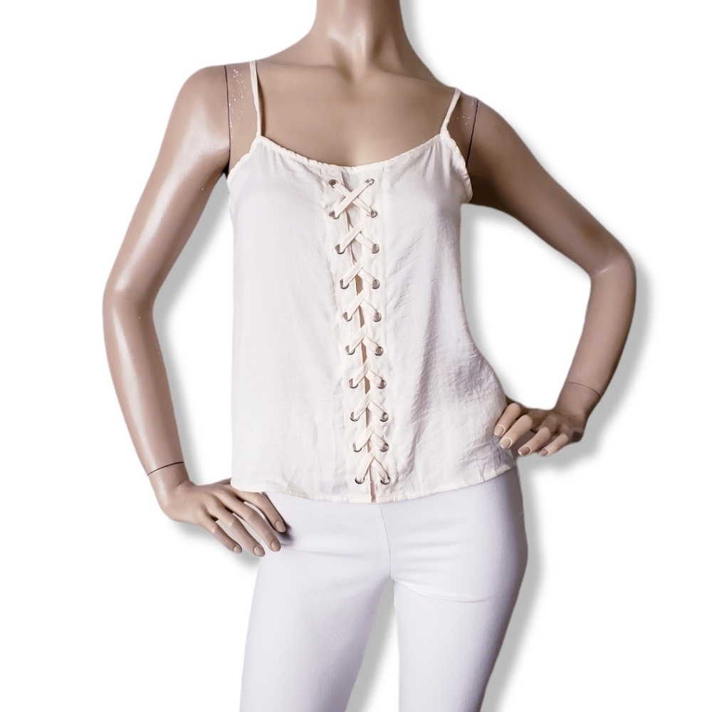 Shop The Trends Ivory Grommet Front Lace Up Spaghetti Strap Top Size Small